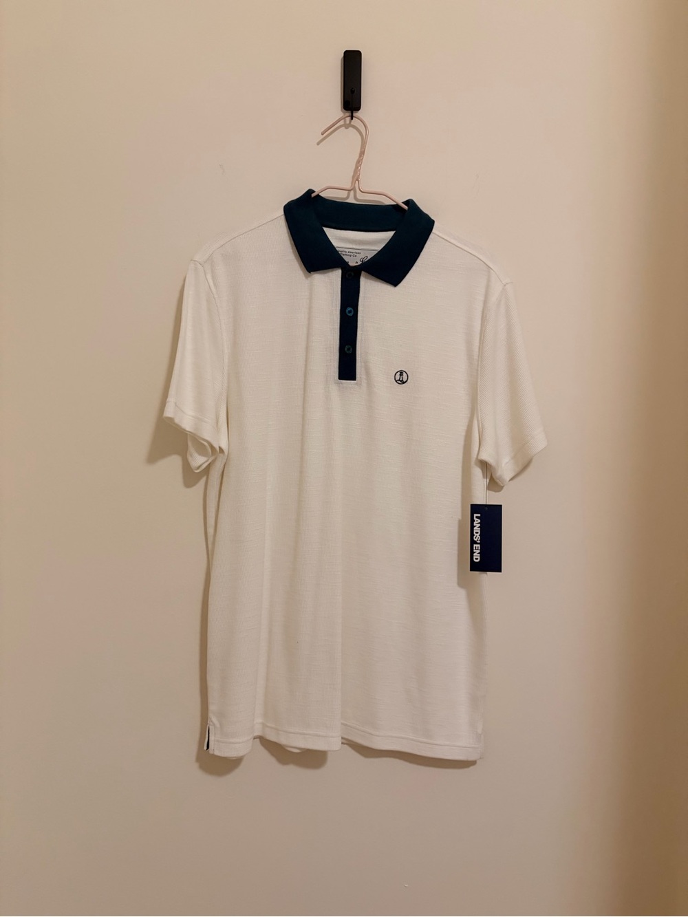 Lands' End Soft Slub Texture Knit White Polo with Navy Contrast Collar
